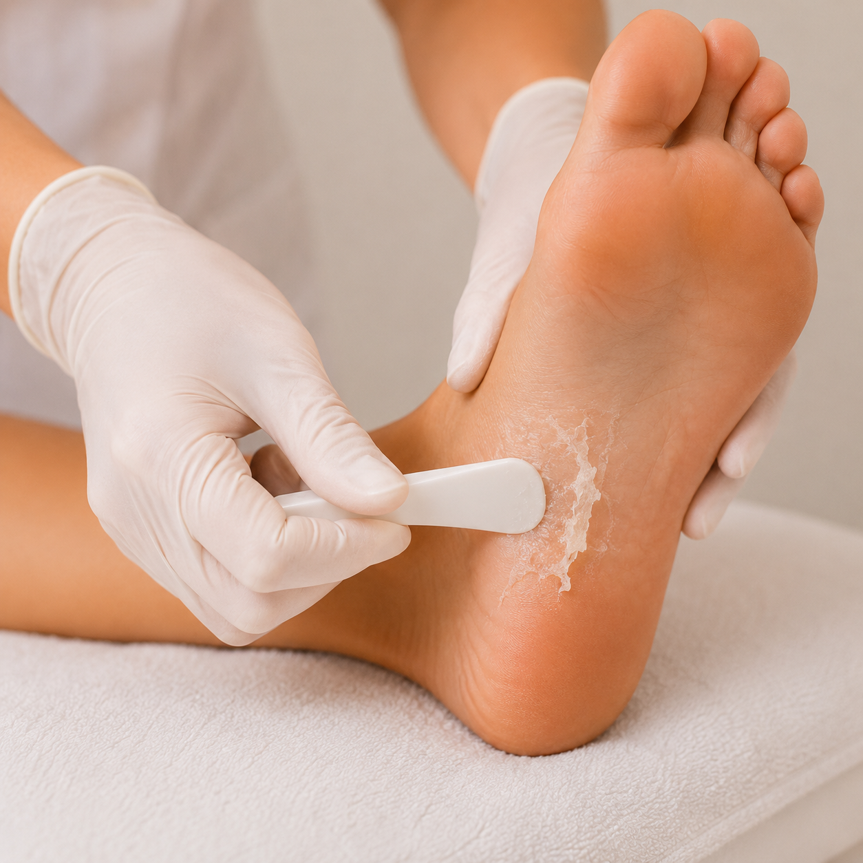 Professionelle Calluspeeling-Fersenbehandlung in moderner Schweizer Beauty-Klinik mit sanfter Entfernung abgestorbener Haut und hygienischer Podologie-Atmosphäre.