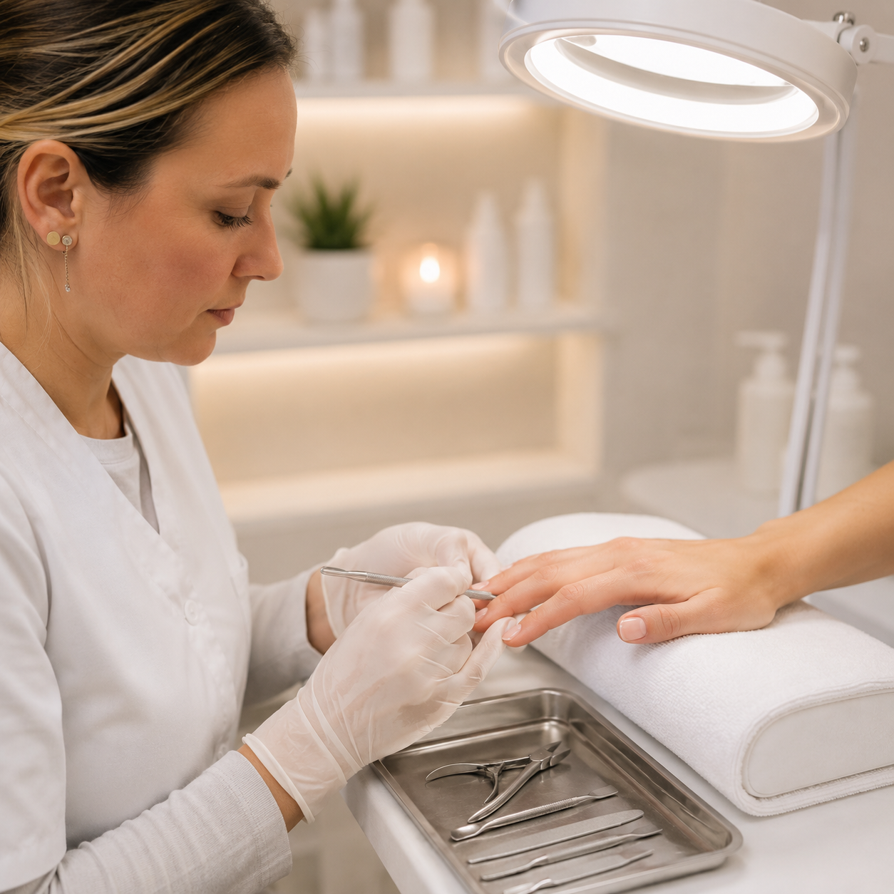 Professionelle Express Maniküre ohne Lack in moderner Schweizer Beauty-Klinik mit hygienischer Nagelpflege, präziser Handbehandlung und minimalistischer Premium-Atmosphäre.