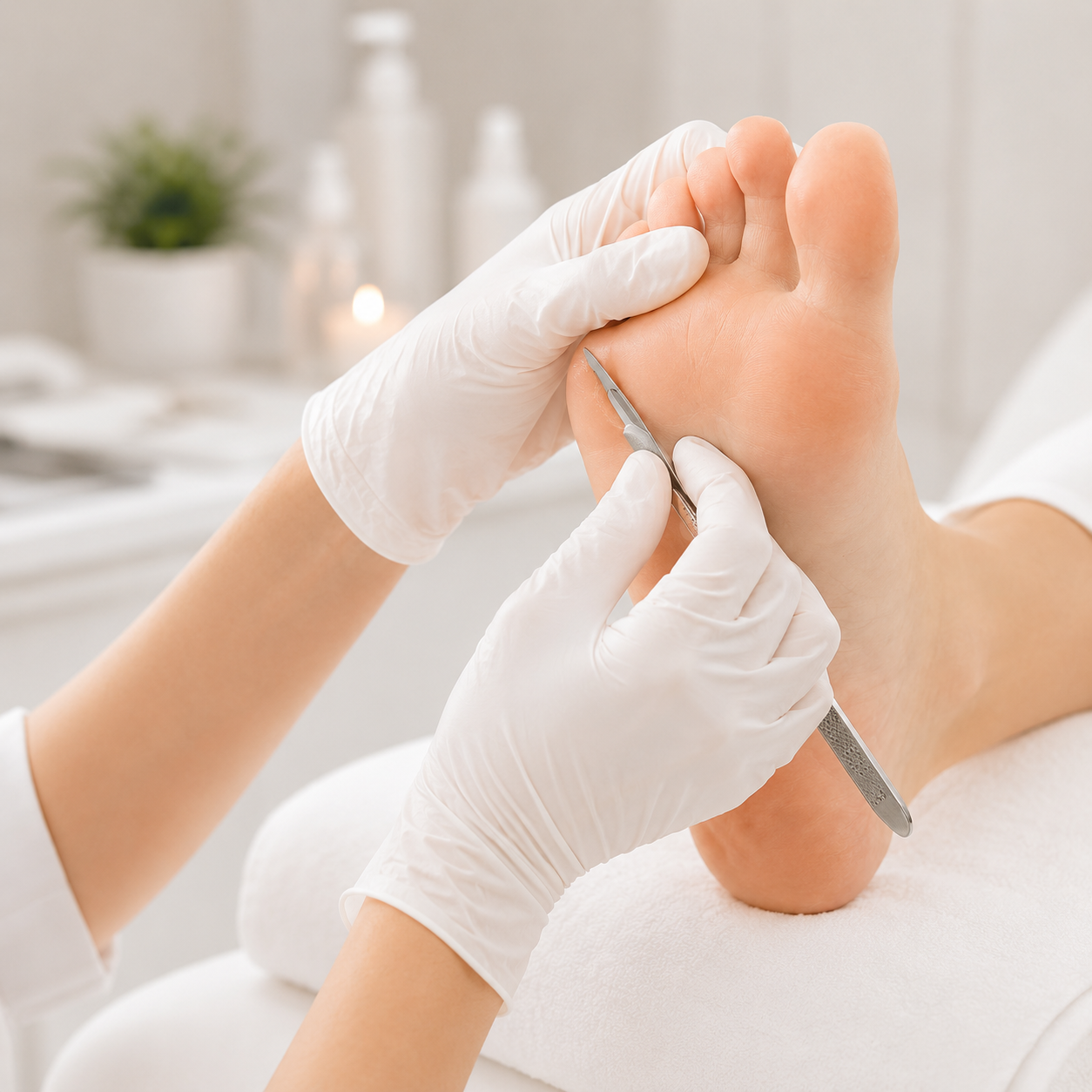 Professionelle Hühneraugen Behandlung bei Beauty Skin Solution in Baar. Podologische Fußpflege mit präziser Entfernung von Druckstellen und Hühneraugen in einer modernen, hygienischen Behandlungsumgebung.