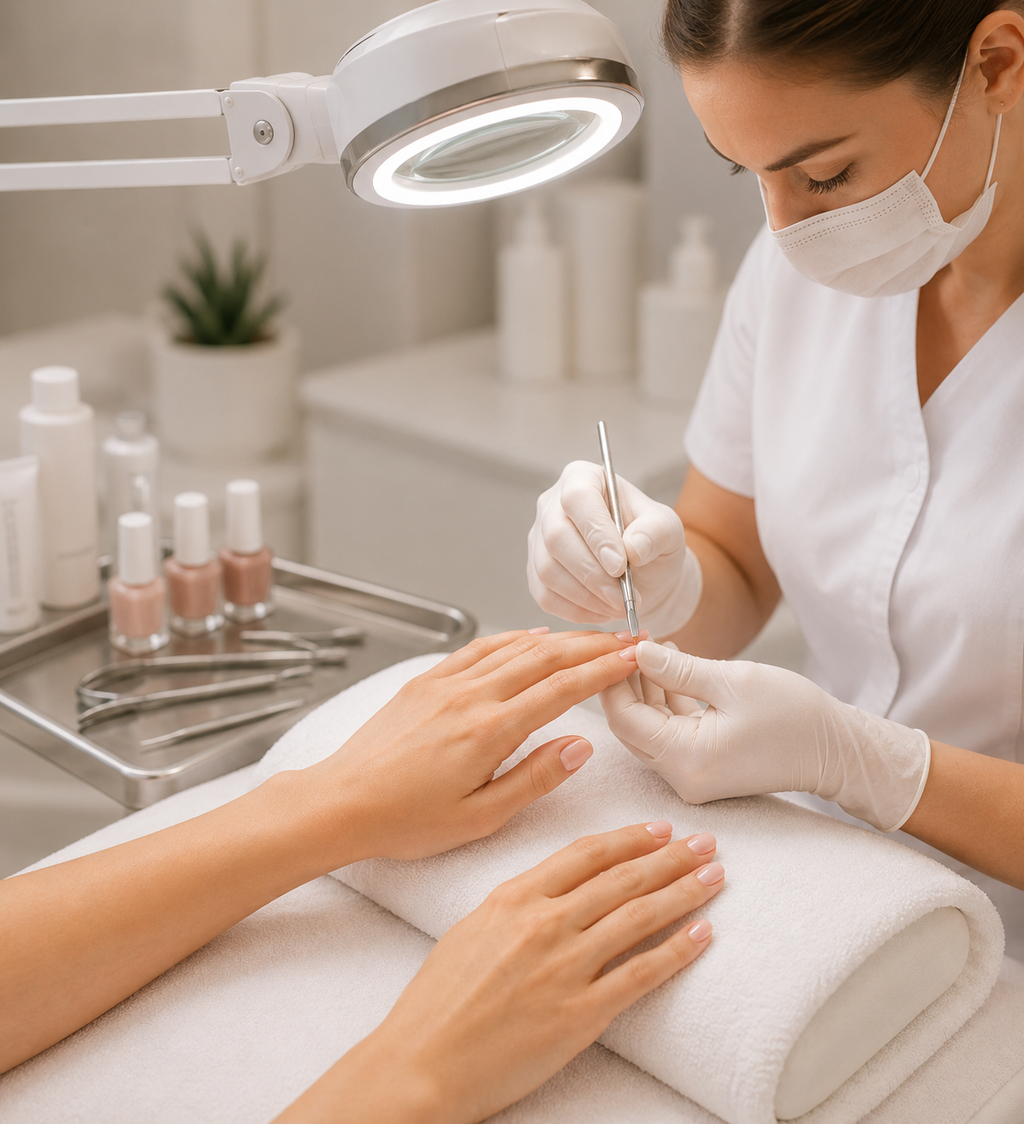 Professionelle medizinische Maniküre mit Mavex und Lack in moderner Schweizer Beauty-Klinik mit präziser Nagelpflege, hygienischer Atmosphäre und minimalistischer Premium-Ästhetik.