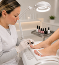 Professionelle Pediküre mit Gellack und Shellac in moderner Schweizer Beauty-Klinik mit hygienischer Fußpflege, präziser Lackierung und minimalistischer Premium-Atmosphäre.