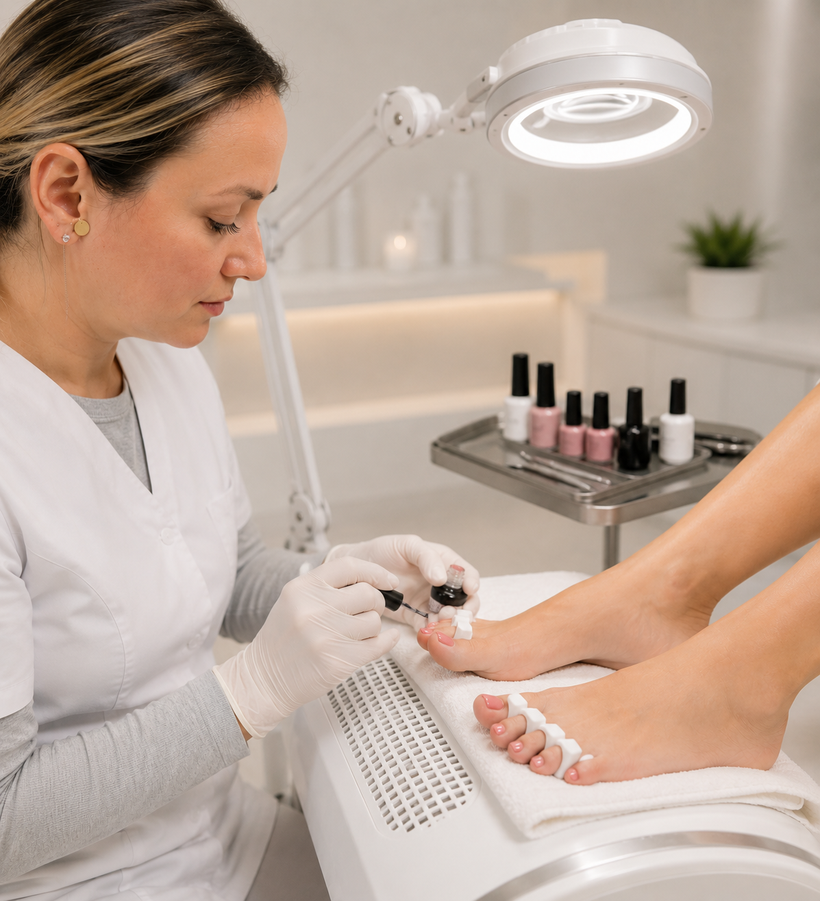 Professionelle Pediküre mit Gellack und Shellac in moderner Schweizer Beauty-Klinik mit hygienischer Fußpflege, präziser Lackierung und minimalistischer Premium-Atmosphäre.