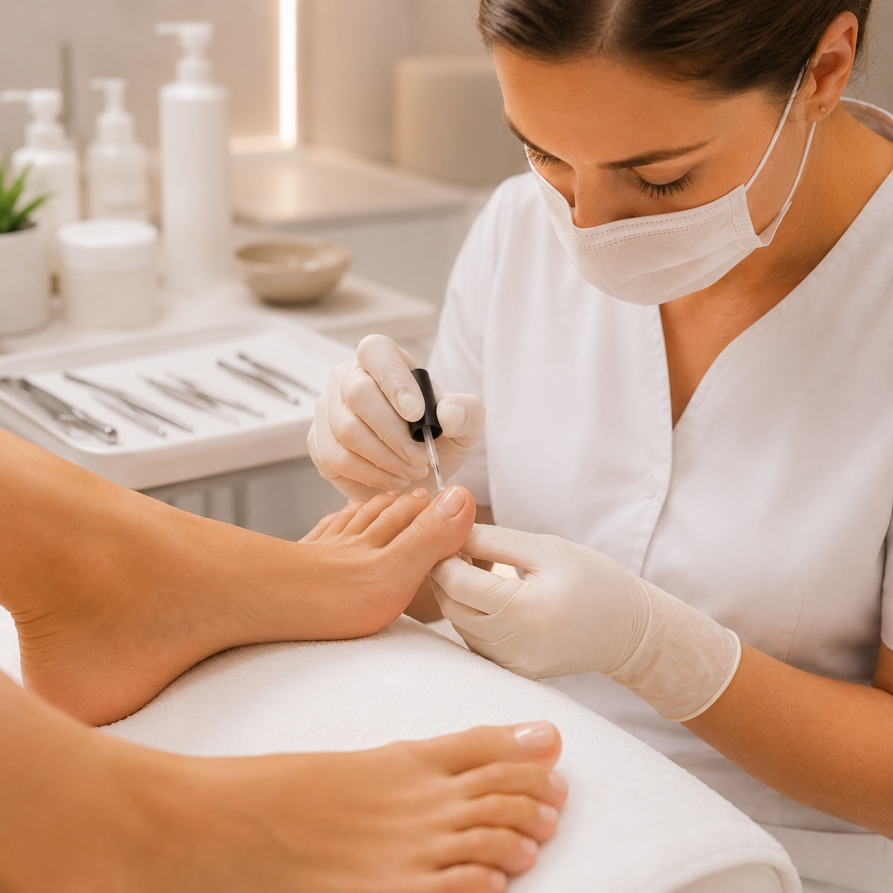 Podologische Behandlung mit Lack bei Beauty Skin Solution in Baar. Professionelle medizinische Fußpflege mit präziser Nagelbearbeitung, hygienischer Behandlung und gepflegtem Lack-Finish in einer modernen klinischen Umgebung.