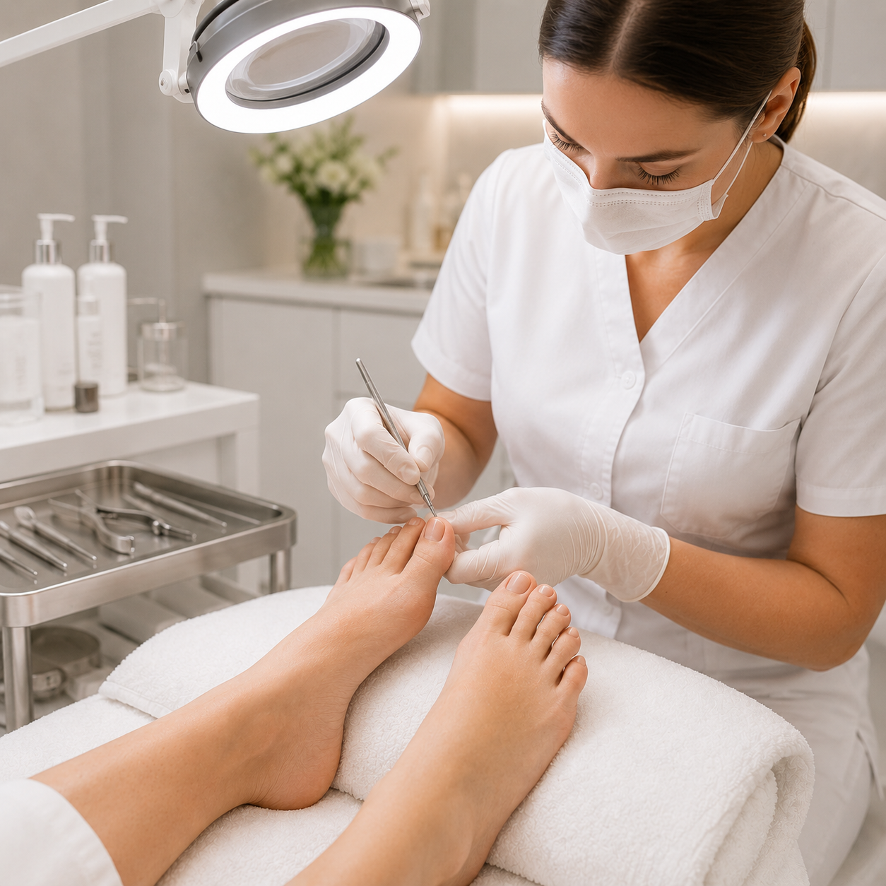 Professionelle podologische Behandlung ohne Lack in Baar mit intensiver Feuchtigkeitspflege und therapeutischer Fussmassage für gepflegte und gesunde Füsse.