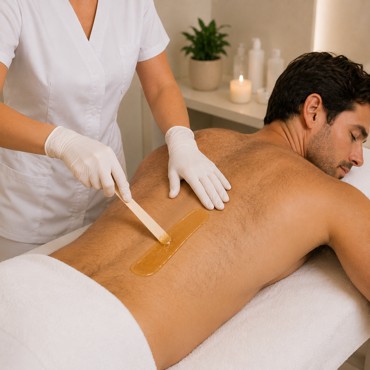 Professionelles Sugaring des Rückens in Baar mit hautschonender Zuckerpaste zur gründlichen Entfernung von Rückenhaaren für ein gepflegtes und glattes Hautbild.