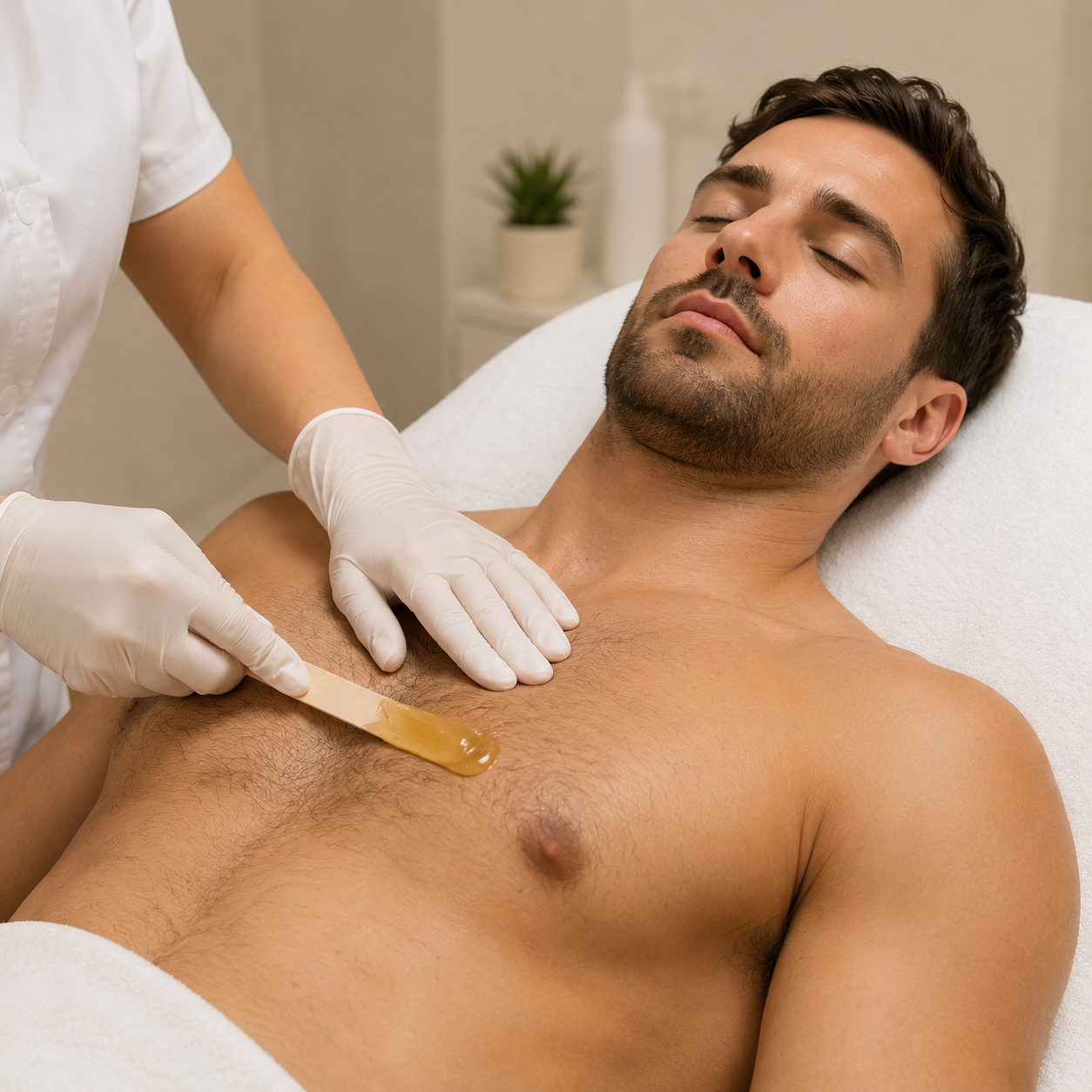 Professionelles Sugaring für Brust und Bauch in Baar mit sanfter Zuckerpaste zur effektiven und hautschonenden Haarentfernung bei Männern.